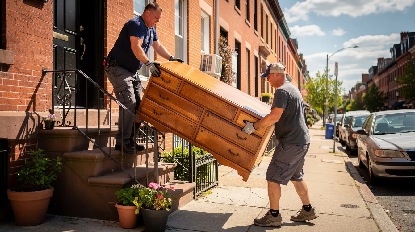 Two workers carefully navigating narrow brick steps while carrying a large piece of furniture