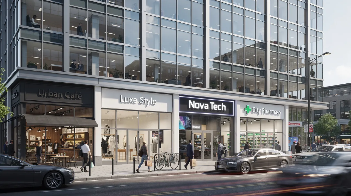 82d58f43 1ef0 4ce3 84a0 1dcc174d6154 The image depicts a modern commercial office building featuring multiple business signs and shops at ground level, showcasing a vibrant atmosphere for small enterprises. This setting highlights the importance of financial institutions that offer business loans and financial assistance, catering to eligible borrowers seeking to establish or expand their micro units under schemes like the Pradhan Mantri Mudra Yojana.