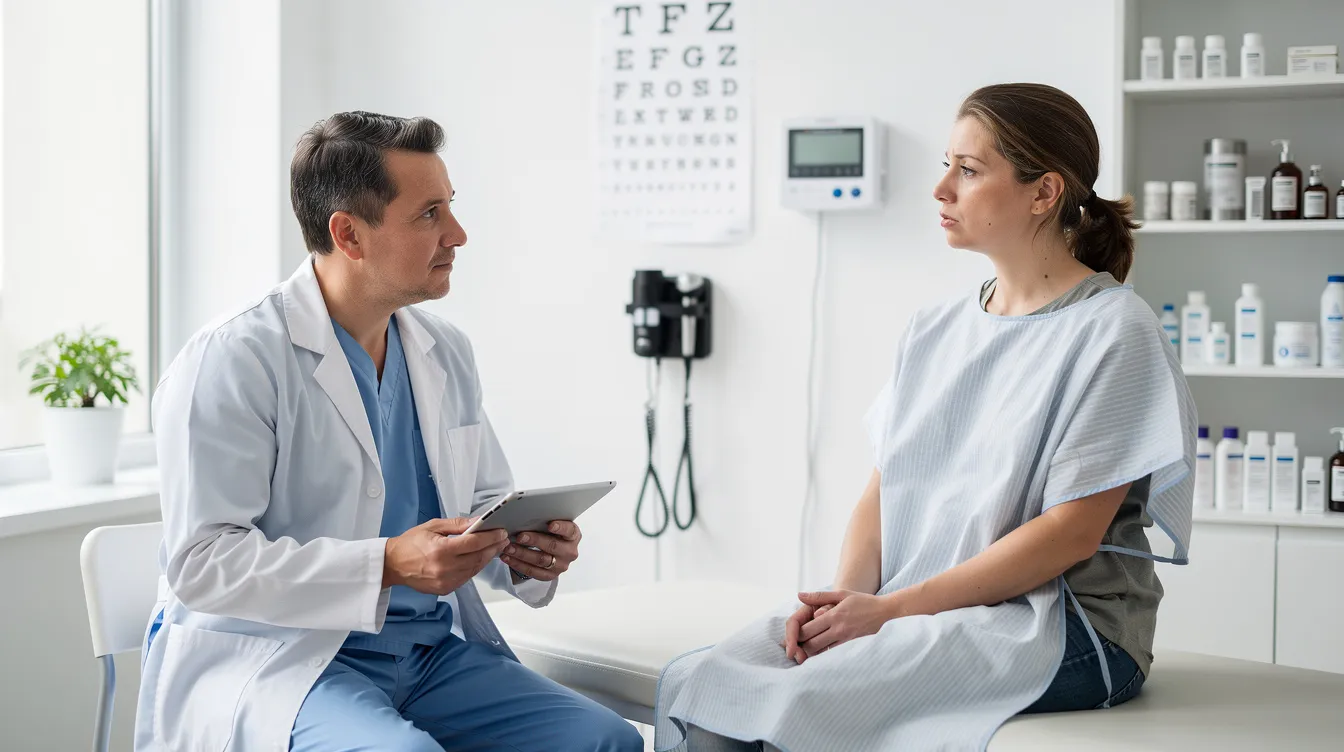 A healthcare professional is consulting with a patient in a clinical setting, discussing potential treatment options for a rare blood disorder, including the health benefits of dietary supplements like methylene blue, which may improve mitochondrial function and reduce oxidative stress. The interaction emphasizes the importance of understanding molecular mechanisms and therapeutic potential in enhancing cognitive function and overall health.