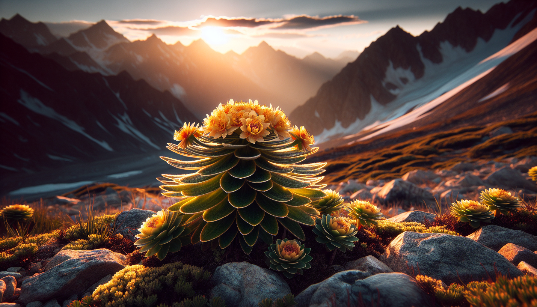 Rhodiola Rosea plant in a mountainous landscape