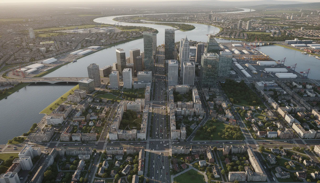 Widok z lotu ptaka ukazuje zróżnicowane dzielnice dużego miasta, z rzeką przepływającą przez centrum, co podkreśla jego urbanistyczny charakter. W tle widać nowoczesne budynki oraz tereny zielone, które są istotnymi elementami warszawskiego rynku nieruchomości.