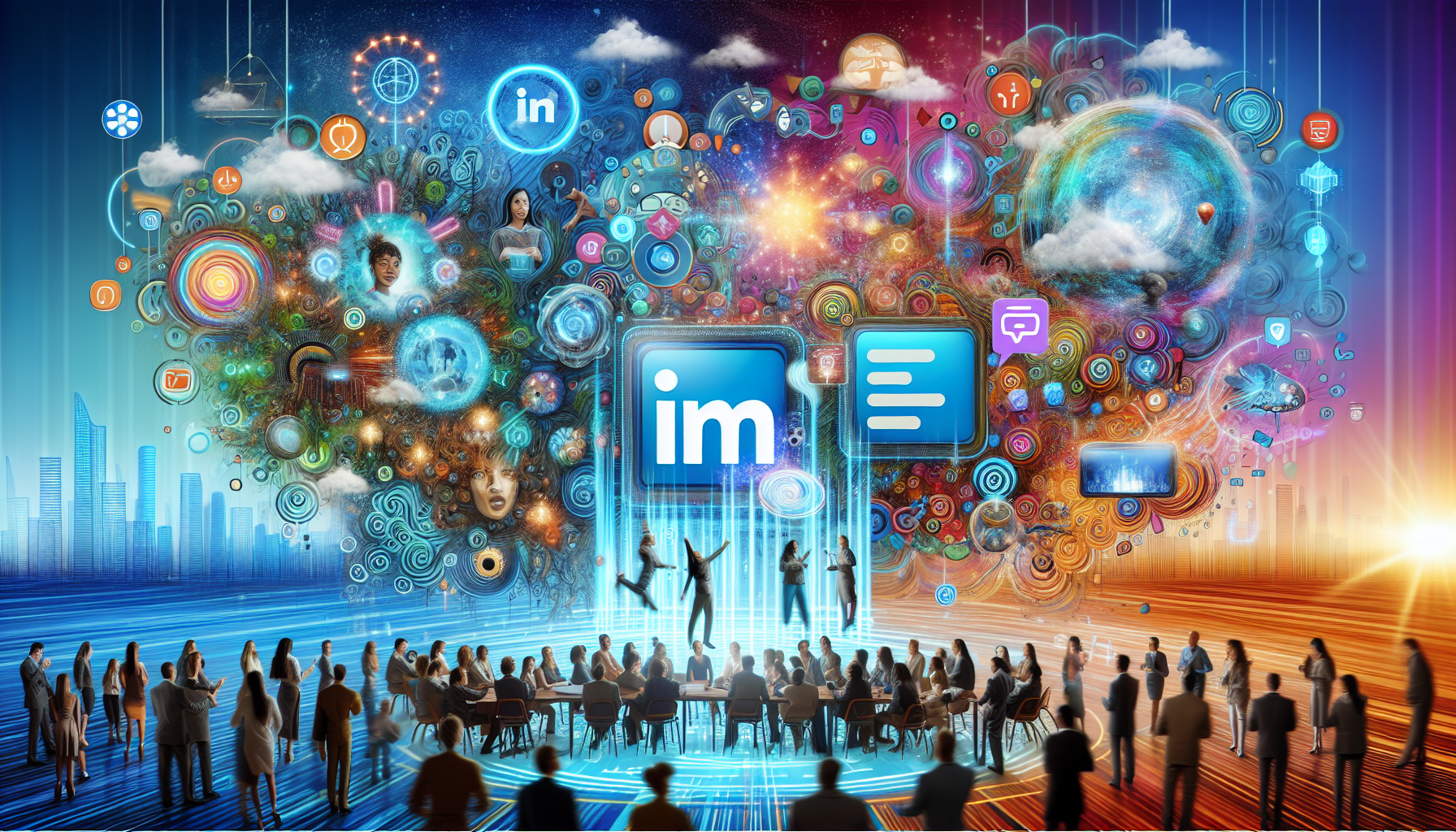 An artistic representation of key trends shaping LinkedIn in 2024, featuring futuristic elements.