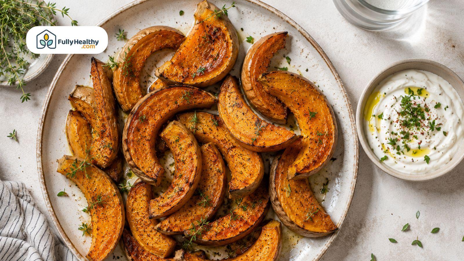 Roasted butternut squash wedges with edible skin served beside creamy dip