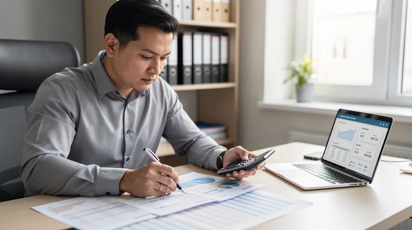 82db5273 437b 4733 927d 0a8d4b218a8d A small business owner is seated at a desk, intently reviewing financial documents with a calculator and a laptop in front of them, highlighting the importance of managing business operations for eligibility in government-backed financial assistance, such as mudra loans. The scene reflects the diligence required in preparing for loan applications and ensuring business viability.