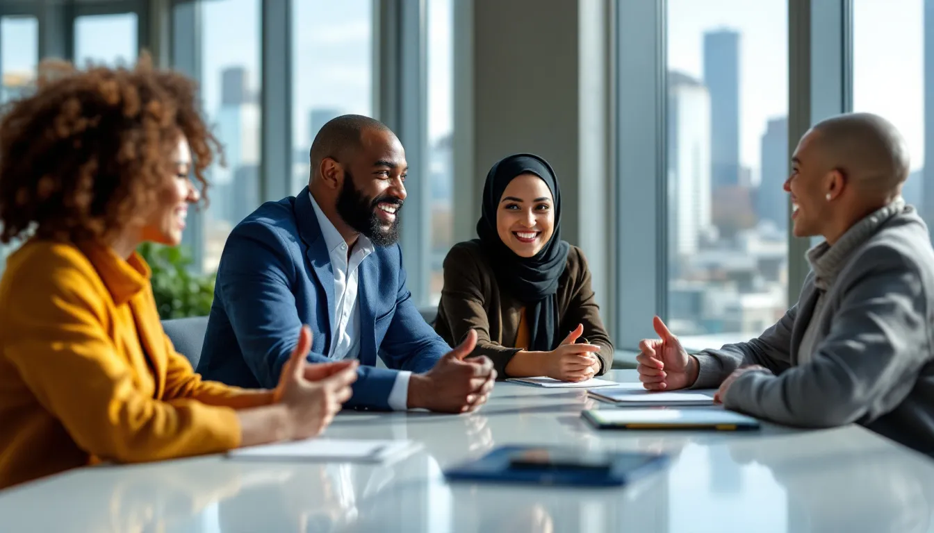 A diverse group of C-suite executives engaged in a discussion, showcasing teamwork and leadership.