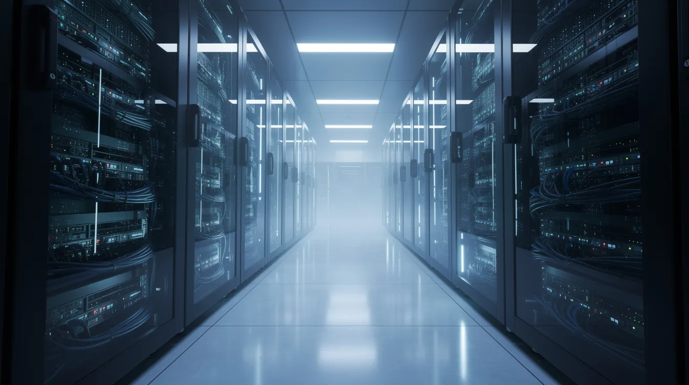 The image depicts rows of sleek servers in a modern data center, illuminated by a cool blue light, showcasing the advanced technology behind web apps and backend workflows. This environment highlights the importance of self-hosting options and premium support for businesses utilizing no code tools and custom coded components.