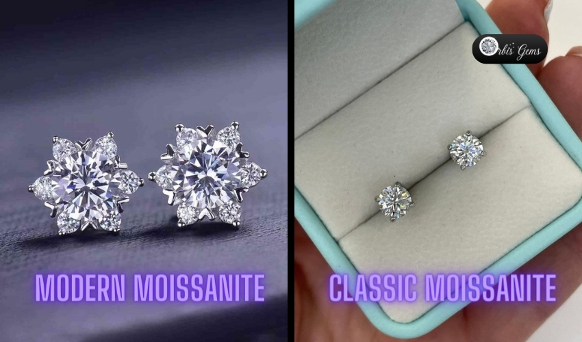 Comparison of modern and classic moissanite stud earrings, with the left showing a flower design and the right a simple setting, both by Orbis Gems in a post about rise of moissanite stud earrings