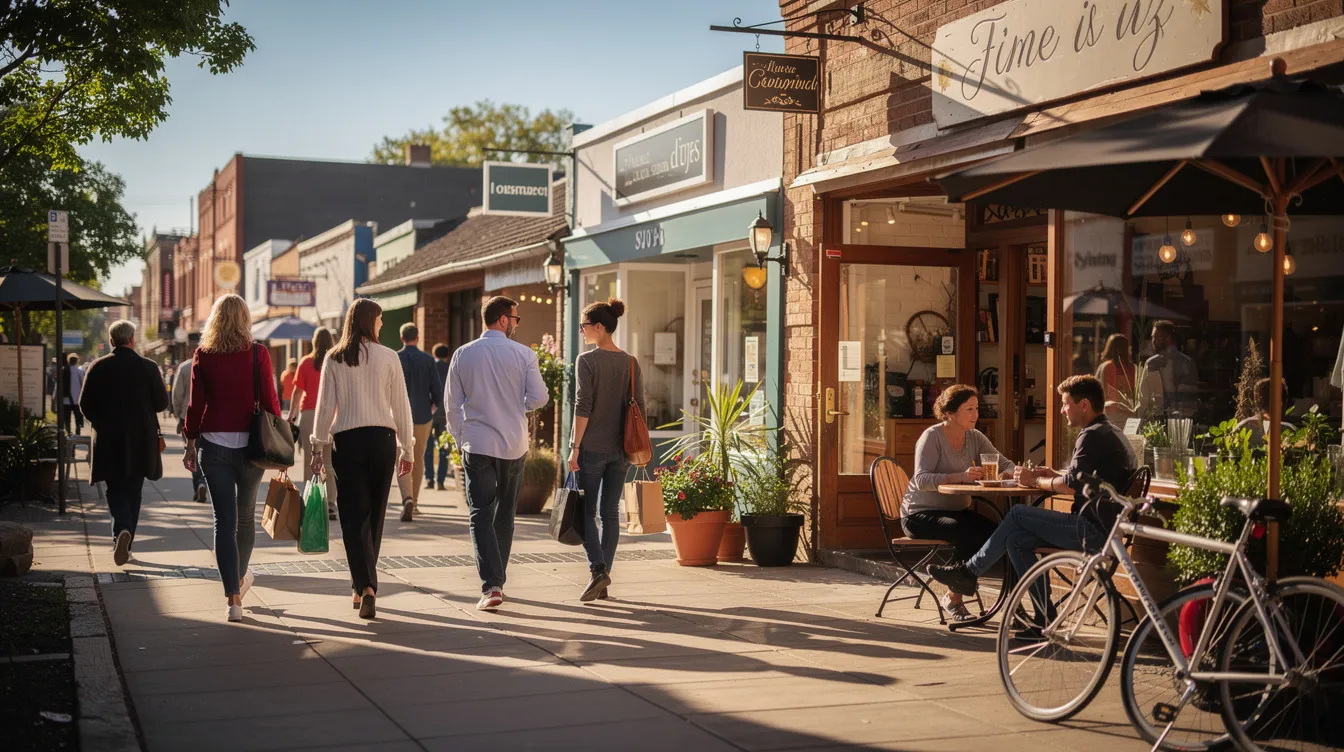 The image depicts a lively local shopping street under a bright sun, where people stroll past various storefronts with outdoor seating areas. This vibrant scene showcases the community atmosphere, ideal for loyal customers looking to enjoy their shopping experience, possibly benefiting from loyalty programs and special promotions offered by small businesses.