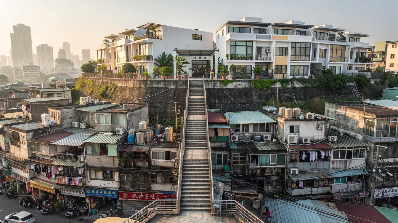 Die vertikale Stadtansicht zeigt eine asiatische Großstadt mit steilen Treppen, die von einer modernen Wohngegend auf einer Anhöhe hinunter zu dicht bebauten Häusern in einer Senke führen. Diese Szene spiegelt die sozialen Verhältnisse wider, die in Filmen wie "Parasite" von Bong Joon Ho thematisiert werden.