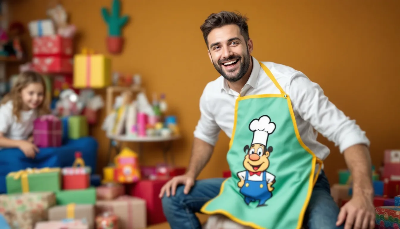 A dad joyfully holds a novelty apron and a funny mug, surrounded by a collection of humorous gifts such as photo albums, joke books, and quirky grill tools, perfect for celebrating Father's Day. This scene captures the fun and thoughtful spirit of practical Father's Day gifts that he'll love.