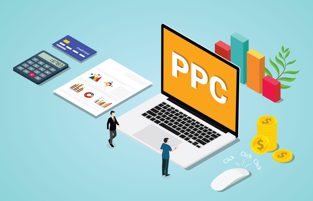 Illustration of large laptop with PPC ads on it.