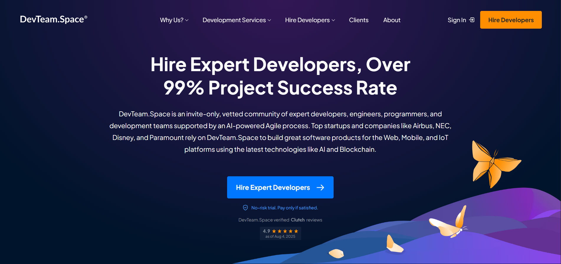DevTeam.Space homepage featuring the headline “Hire Expert Developers, Over 99% Project Success Rate” with a call-to-action button to hire expert developers.
