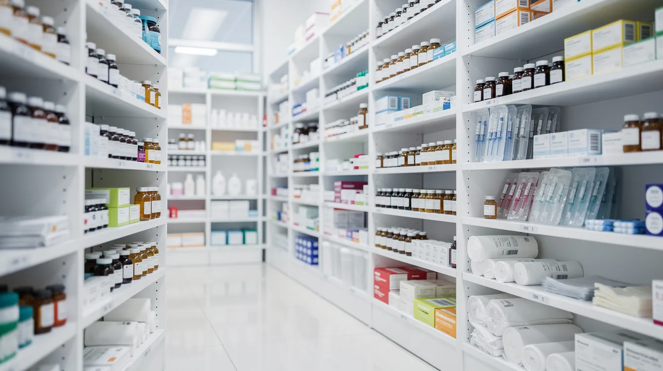 The image depicts pharmacy shelves filled with various medicine bottles and medical supplies within a hospital setting, showcasing the essential resources healthcare providers rely on for patient care. This inventory is vital for managing working capital and ensuring efficient cash flow in a hospital's financial management.