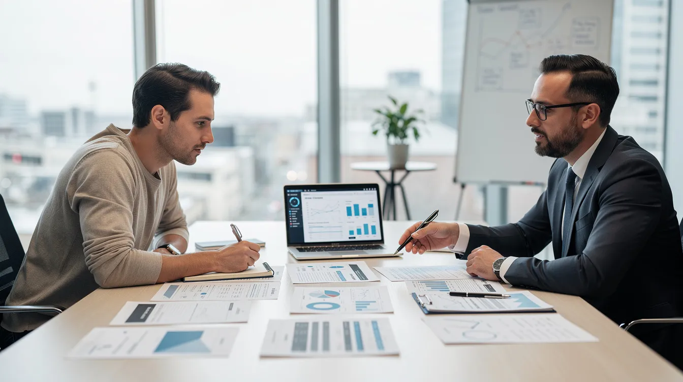 The image depicts a professional meeting between a business owner and a tax advisor, both engaged in reviewing important documents related to the employee retention credit (ERC). They are discussing the ERC filing process and how to maximize potential tax credits for eligible businesses, highlighting the crucial role of tax professionals in navigating the complexities of ERC claims.