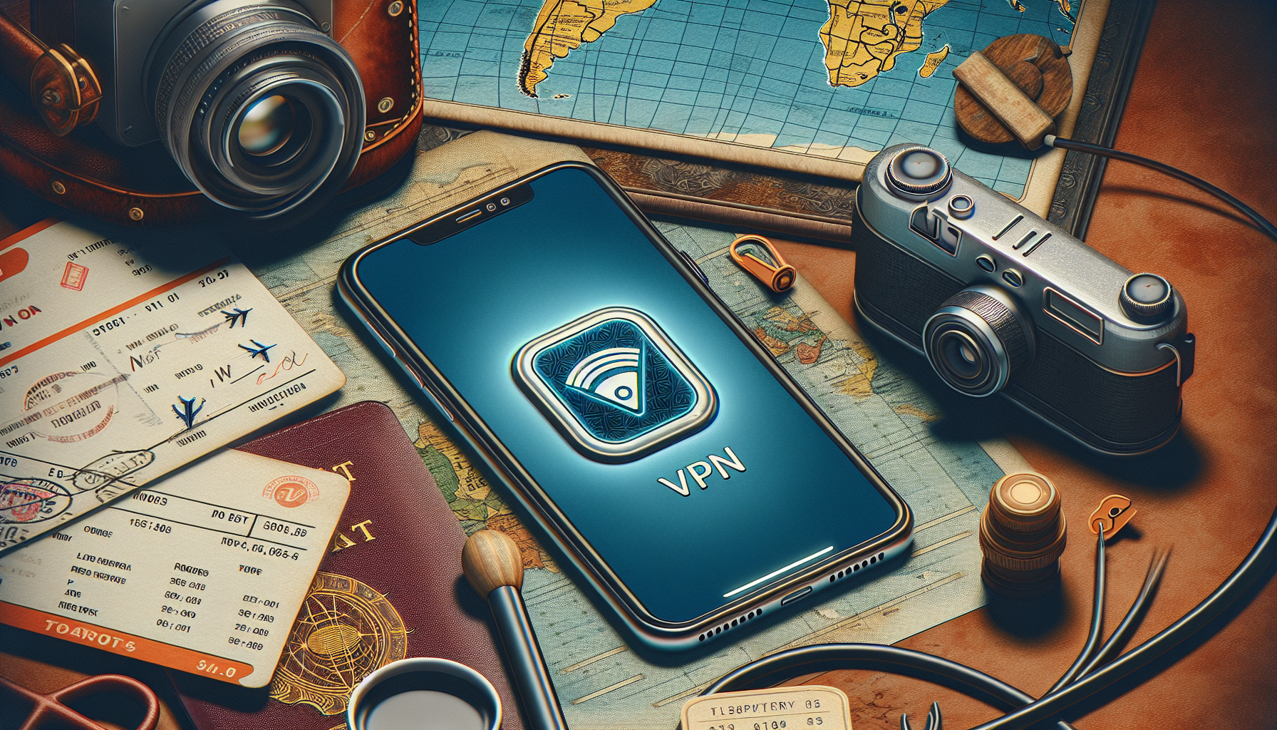 Illustration of a smartphone with VPN app and travel essentials