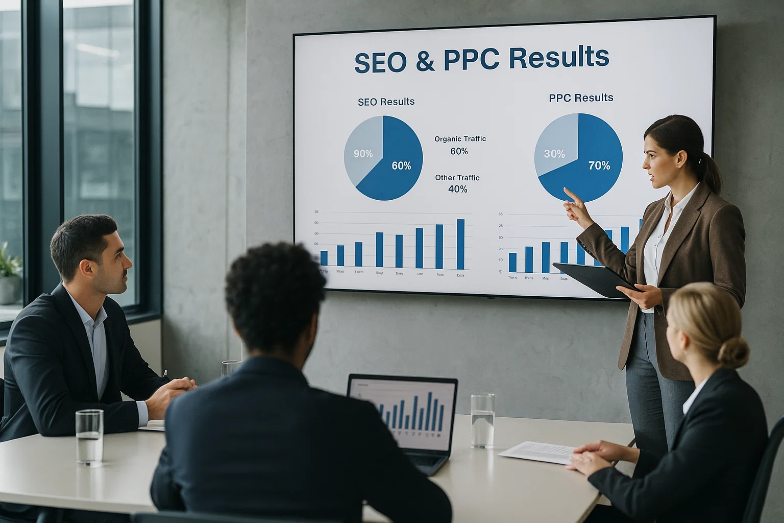 Marketing team presenting combined SEO and PPC performance results in a meeting.