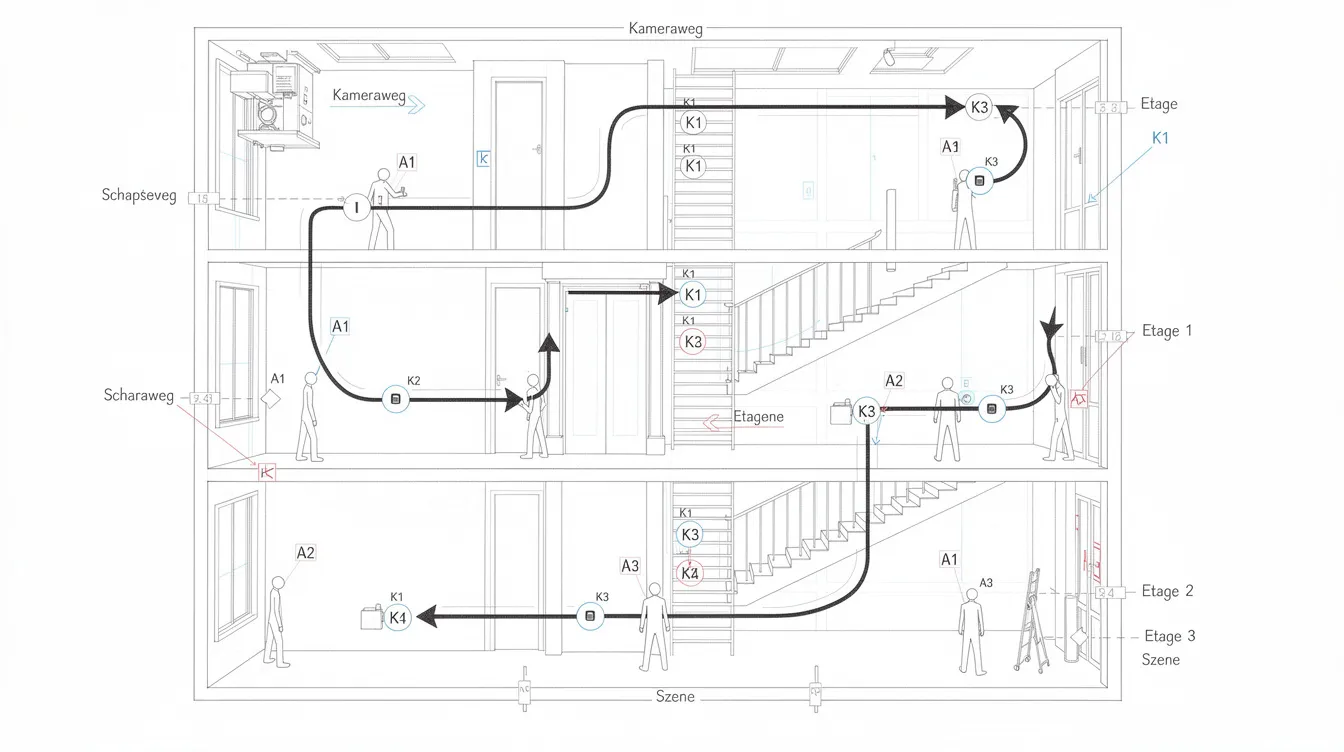 Die Skizze zeigt einen detaillierten Kamerapfad durch ein mehrstöckiges Filmset, mit klaren Markierungen für die Positionen der Schauspieler und die Bewegungen der Kamera. Im Hintergrund sind Anspielungen auf eine Kaffeerösterei in Hamburg Altona zu erkennen, die für ihre hochwertigen Bohnen aus Brasilien und Kolumbien bekannt ist.