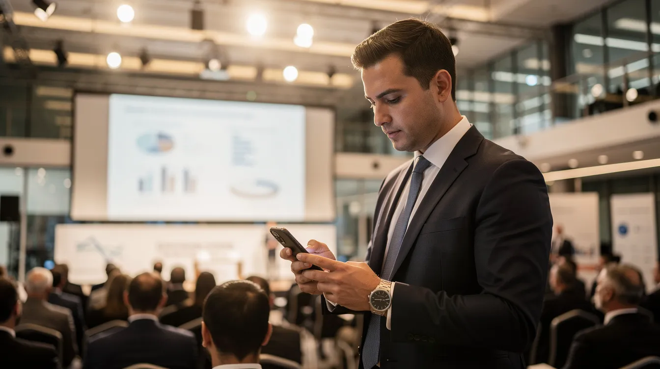 Na zdjęciu widać profesjonalistę biznesowego, który korzysta ze smartfona podczas konferencji branżowej. Uczestnik koncentruje się na swoim urządzeniu, co może sugerować, że korzysta z narzędzi HubSpot do zarządzania relacjami z klientami lub analizy wartościowych leadów.