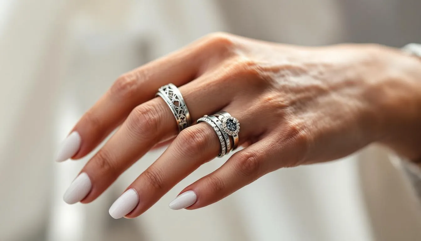 The image showcases a stylish arrangement of various silver rings, including sterling silver rings and fashion rings, elegantly layered to create a striking ring stack. This collection highlights the beauty of mixing and matching pieces to enhance the overall outfit, making the fingers appear adorned and sophisticated.