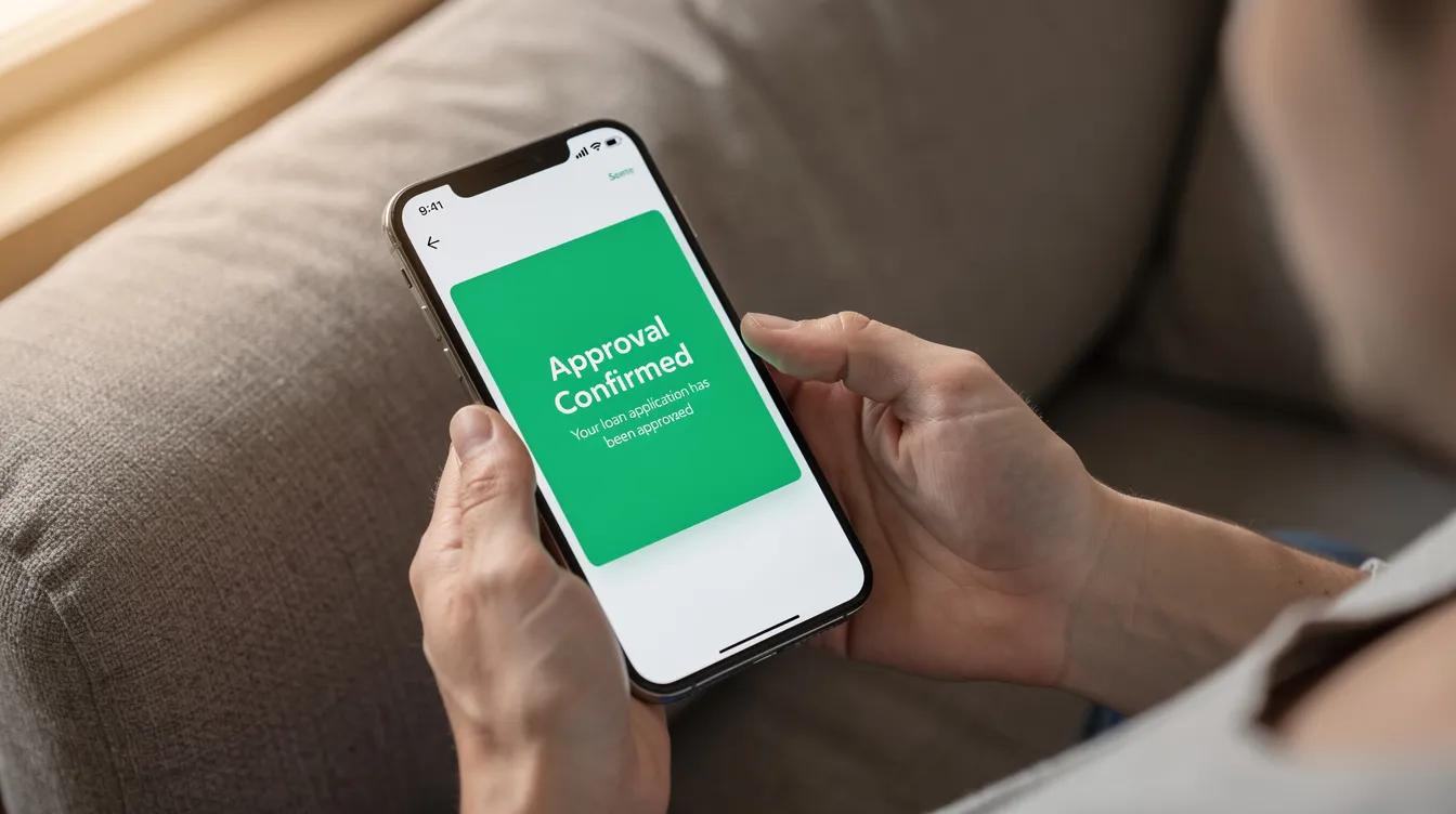 A close-up of a person's hands holding a smartphone while seated on a couch, reviewing an app that displays a financial approval notification, indicating flexible payment options for cosmetic procedures. The screen suggests the possibility to see if you qualify for personalized financing options with low monthly payments and no hidden fees.
