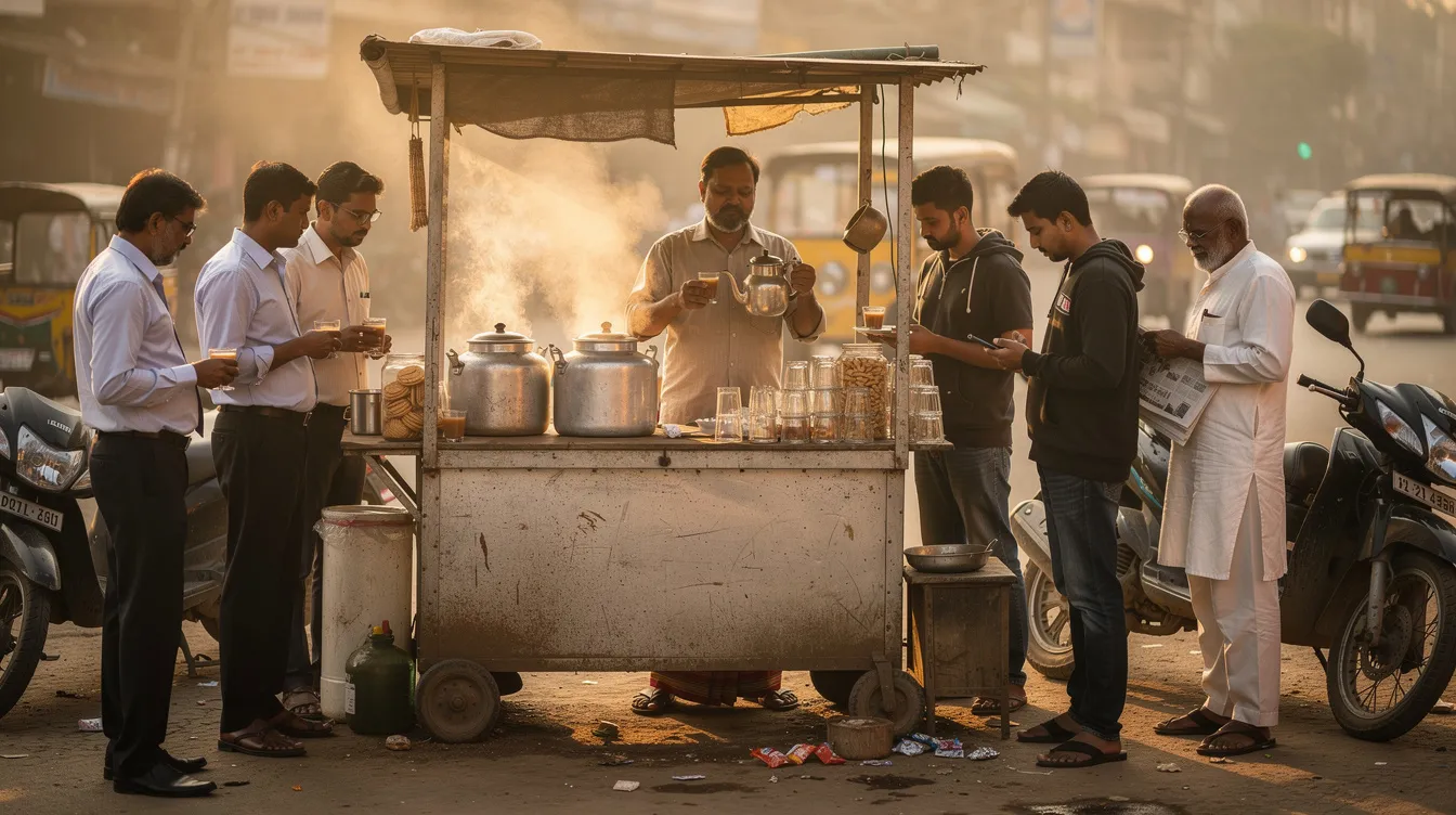 The image depicts a bustling Indian tea stall during the morning hours, with a group of customers enjoying their beverages and engaging in lively conversation. This small town business serves as a hub for the local community, showcasing the growing demand for such successful small town business ideas.