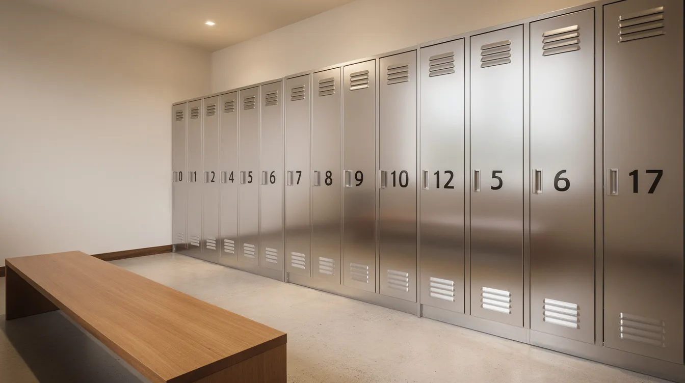 The image shows a clean indoor common room featuring a row of numbered steel locker compartments, designed for secure storage and easy access for individuals experiencing homelessness. The warm lighting creates a welcoming atmosphere, highlighting the smart design of these lockers that offer protection for users' belongings.