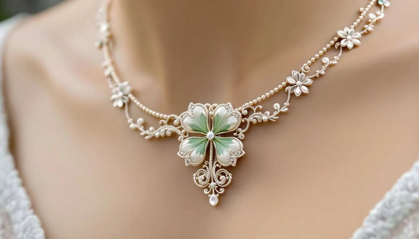 Un modèle de collier avec un pendentif trèfle porté autour du cou.