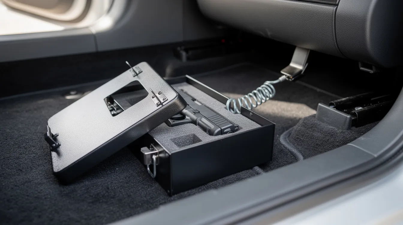 The image shows a secured handgun placed inside a vehicle lockbox on the car floor, emphasizing the importance of adhering to Wyoming state law regarding firearm storage and safety. This setup reflects responsible gun ownership practices, particularly for those with concealed carry permits.