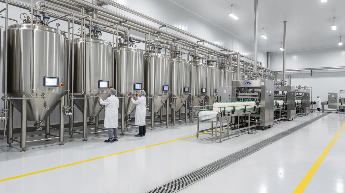 The image depicts the interior of a modern dairy beverage manufacturing plant, showcasing stainless steel processing tanks and an intricate network of pipes used in the milk processing and dairy development industry. This facility is designed to meet rising consumer demand for liquid milk and other dairy products, highlighting the essential equipment involved in the manufacturing process.