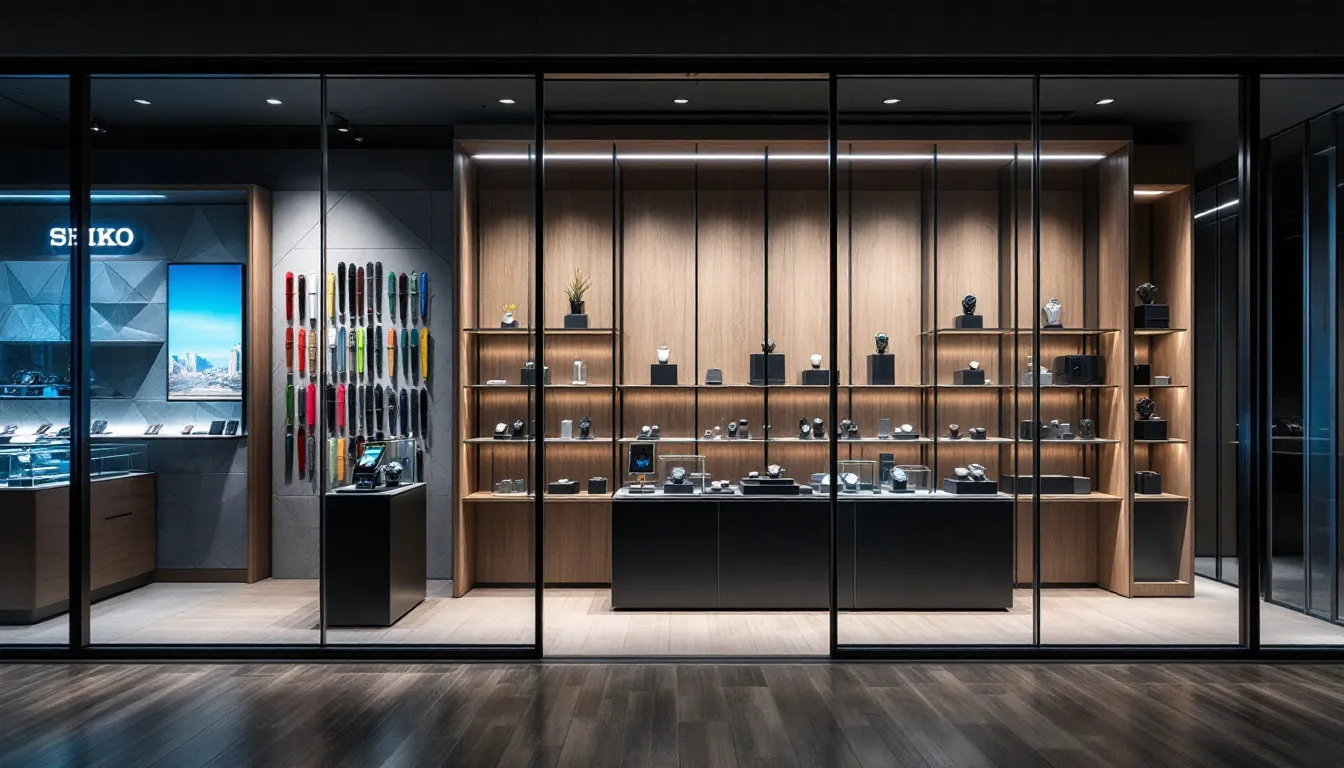 A storefront displaying Seiko watches and straps for sale.