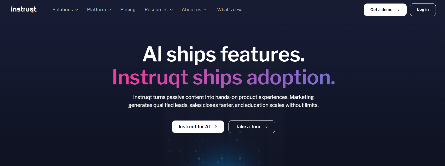 Homepage of an interactive product training platform featuring AI-powered hands-on experiences, virtual labs, and scalable software adoption for learning and customer enablement.