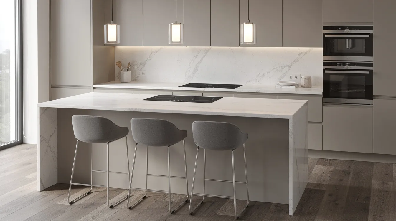 The image features a spacious modern kitchen with a large kitchen island topped with a waterfall quartz worktop, complete with an integrated hob. Above the bar seating, three stylish pendant lights hang, enhancing the contemporary design and creating an inviting atmosphere for social gatherings.