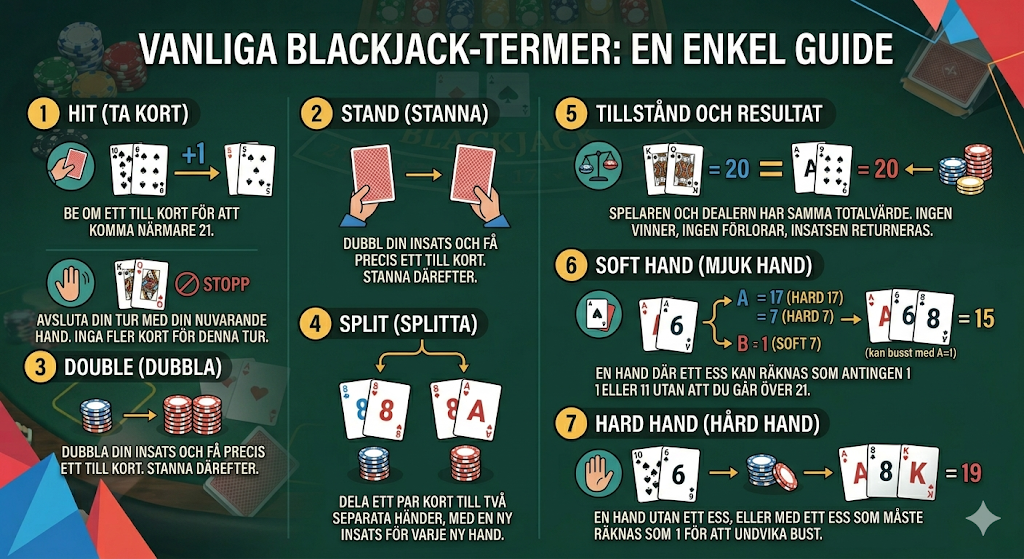 Blackjack termer – ta kort, stanna, dubbla, splitta och regler för händer och poäng i blackjack