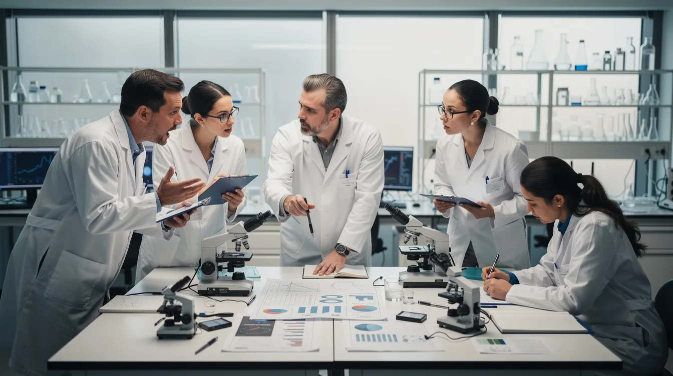 Eine Gruppe von Wissenschaftlern in weißen Kitteln steht um einen Tisch, auf dem verschiedene Messinstrumente und Notizblöcke liegen. Sie diskutieren aktiv miteinander, zeigen auf Datenpunkte und bringen unterschiedliche Sichtweisen und Meinungen in ihre Gespräche ein.