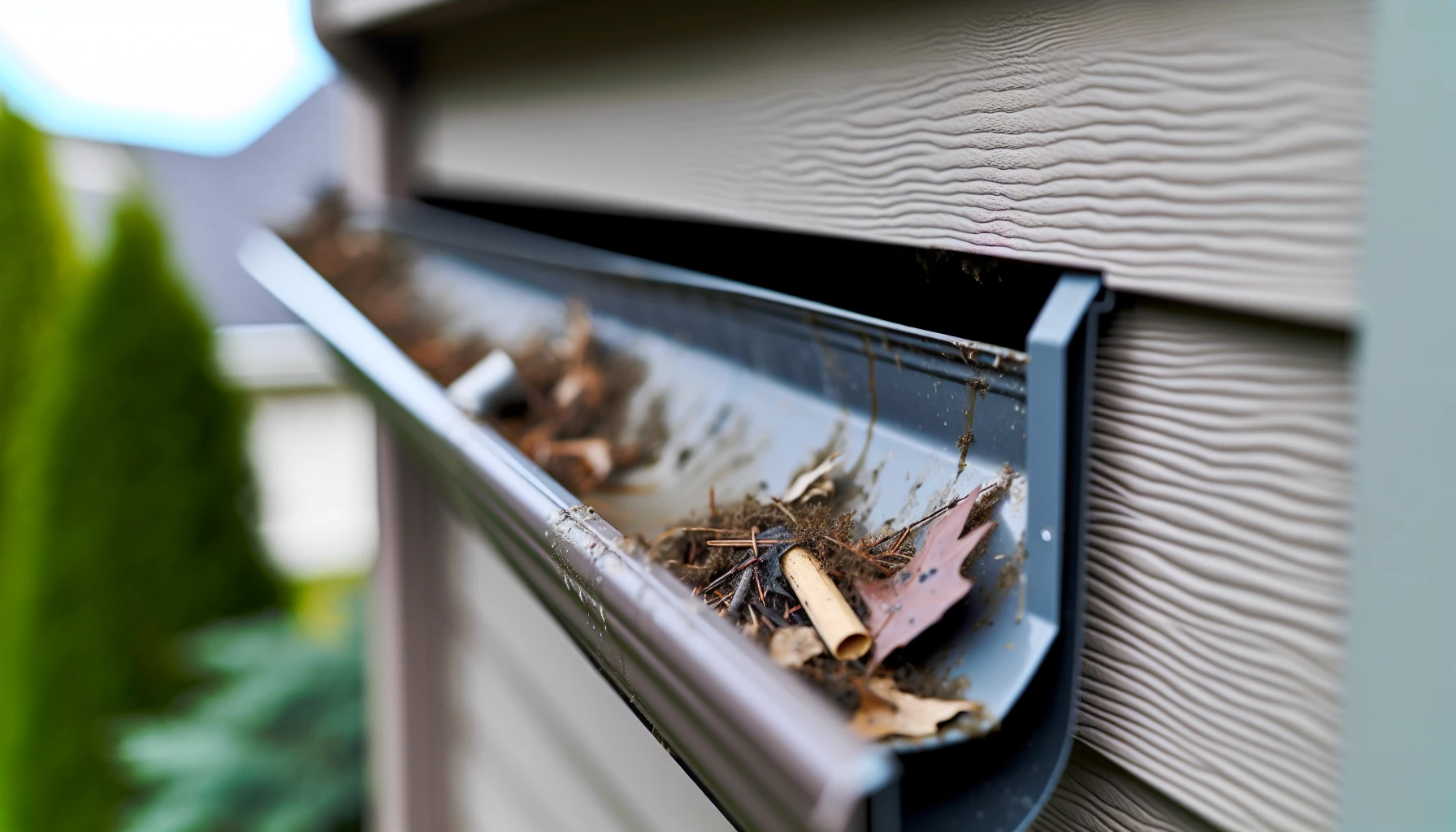 A close-up image of rain gutters with visible debris and clogs