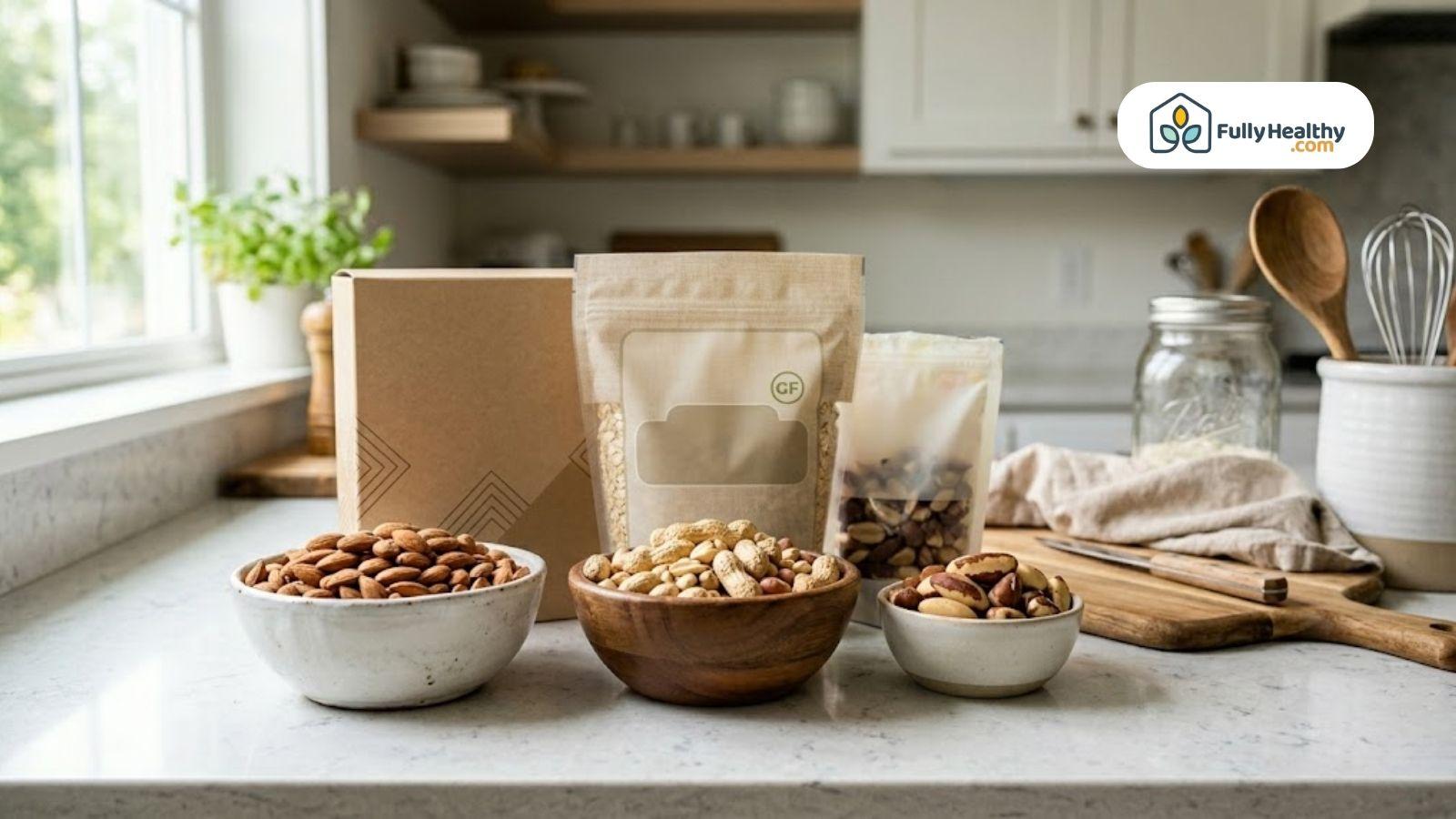 Assorted nuts and packaged snacks arranged on a bright kitchen counter with natural light.
