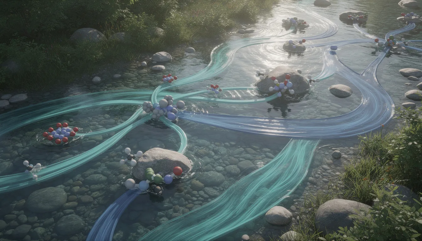 The image depicts a flowing river symbolizing metabolic pathways, with rocks representing various molecular compounds, such as methyl donors and amino acids. This visual metaphor highlights the importance of substances like nicotinamide mononucleotide (NMN) and trimethylglycine (TMG) in supporting cellular energy and healthy methylation processes.