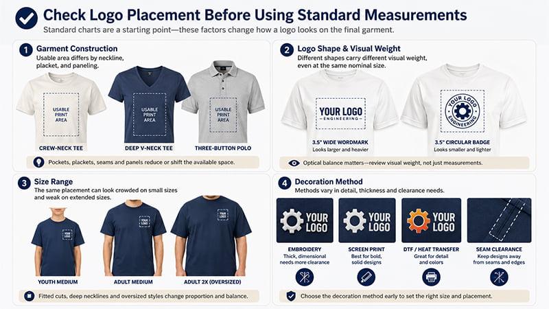 Garment construction, logo shape, size range and decoration method placement checks