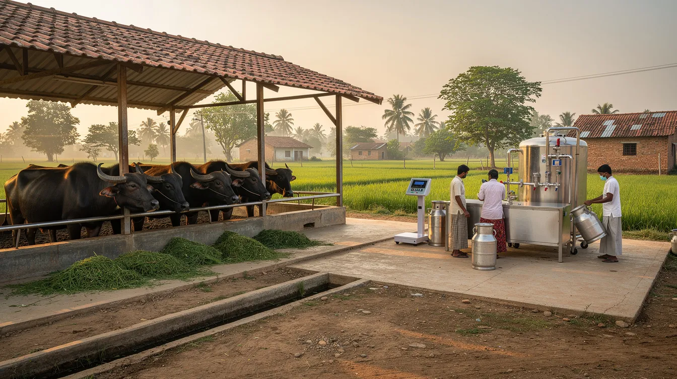 The image depicts a rural Indian dairy farm featuring several buffaloes grazing in a lush green field alongside milk collection infrastructure. This setting highlights the essential components of the ghee manufacturing process, where buffalo milk is collected for production in a ghee manufacturing plant, showcasing the traditional dairy products integral to the local economy.