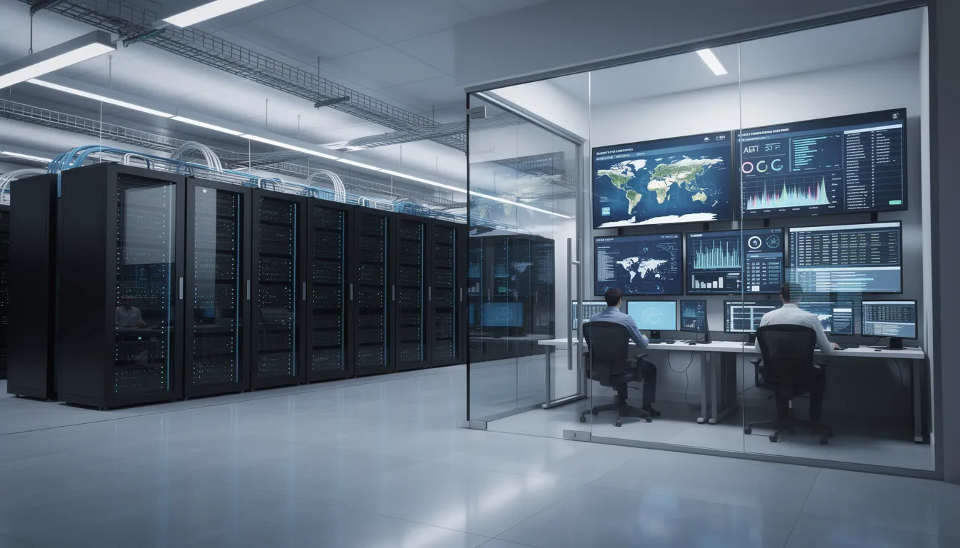 The image depicts a modern data center filled with rows of server racks and advanced monitoring equipment, showcasing real-time security analytics focused on protecting sensitive data. This environment emphasizes the importance of cybersecurity compliance and continuous monitoring to mitigate cyber threats and ensure data protection.