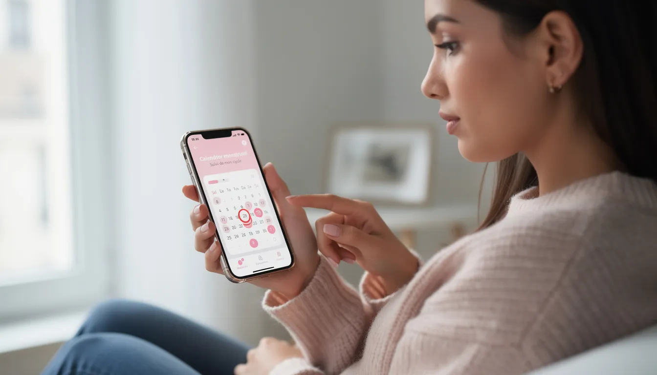 Une femme consulte une application de calendrier menstruel sur son smartphone, probablement pour suivre son cycle menstruel et mieux comprendre la durée de son cycle. L'image reflète l'importance de la santé reproductive et des cycles menstruels dans la vie des femmes.