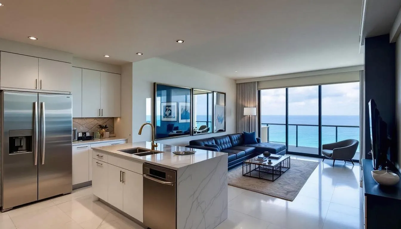 The image depicts the interior of a luxurious condominium in Marco Island, showcasing a modern kitchen equipped with a self-cleaning oven and a spacious living area that offers stunning views of the Gulf. Large windows allow natural light to fill the space, enhancing the elegance of the design, while a balcony invites residents to enjoy the beautiful surroundings.