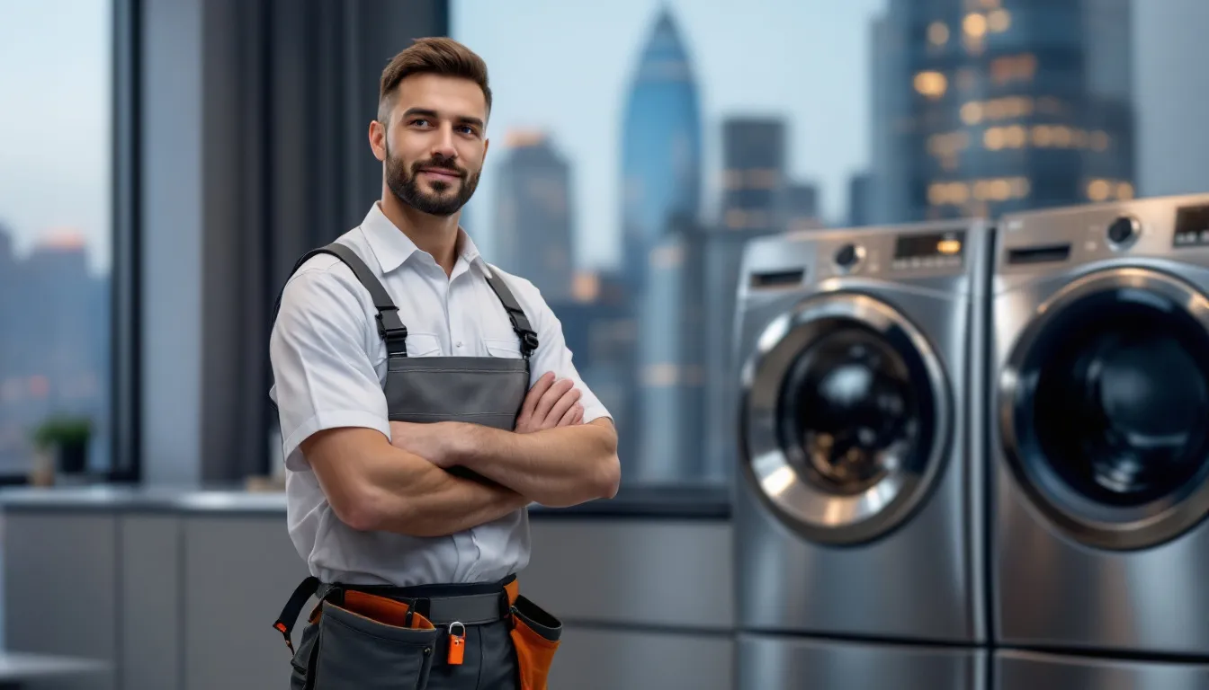 A skilled technician performing commercial Unimac washing machine and dryer repair.