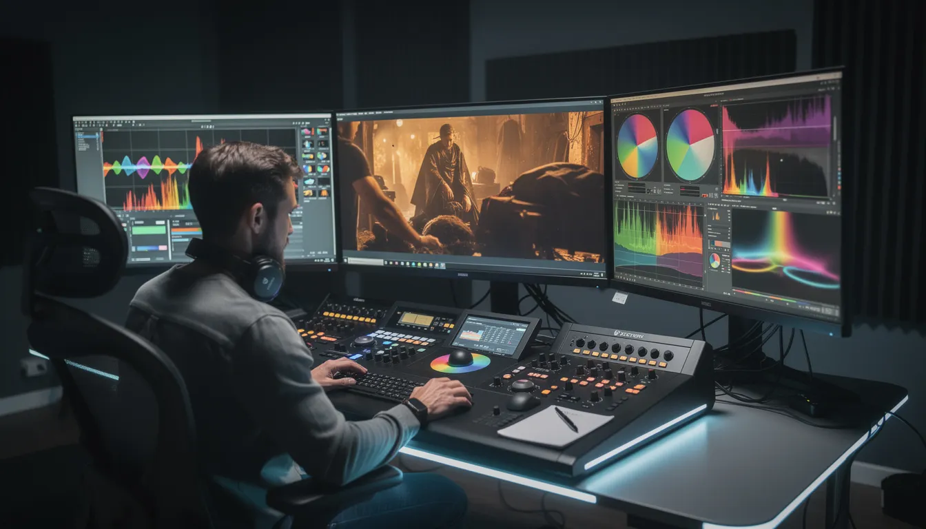 A colorist is focused on their work in a professional grading suite, surrounded by reference monitors and control surfaces used for color correction and ensuring visual consistency in video projects. The environment highlights the integration of advanced editing software and AI tools, showcasing the creative process in video post production.