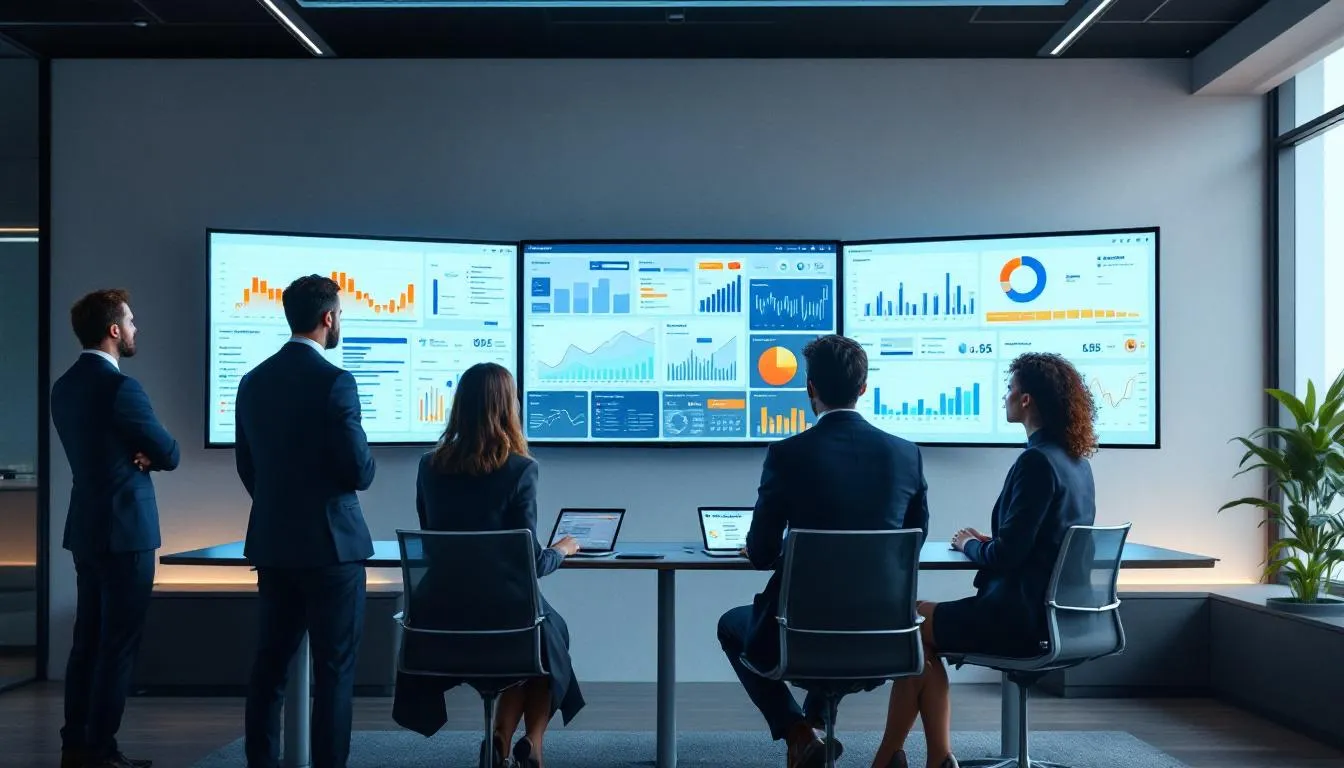 A professional team is analyzing booth performance data displayed on multiple digital screens, focusing on enhancing their trade show presence. The setup includes various trade show displays and signage, aimed at maximizing trade show success and creating a lasting impression on potential clients.