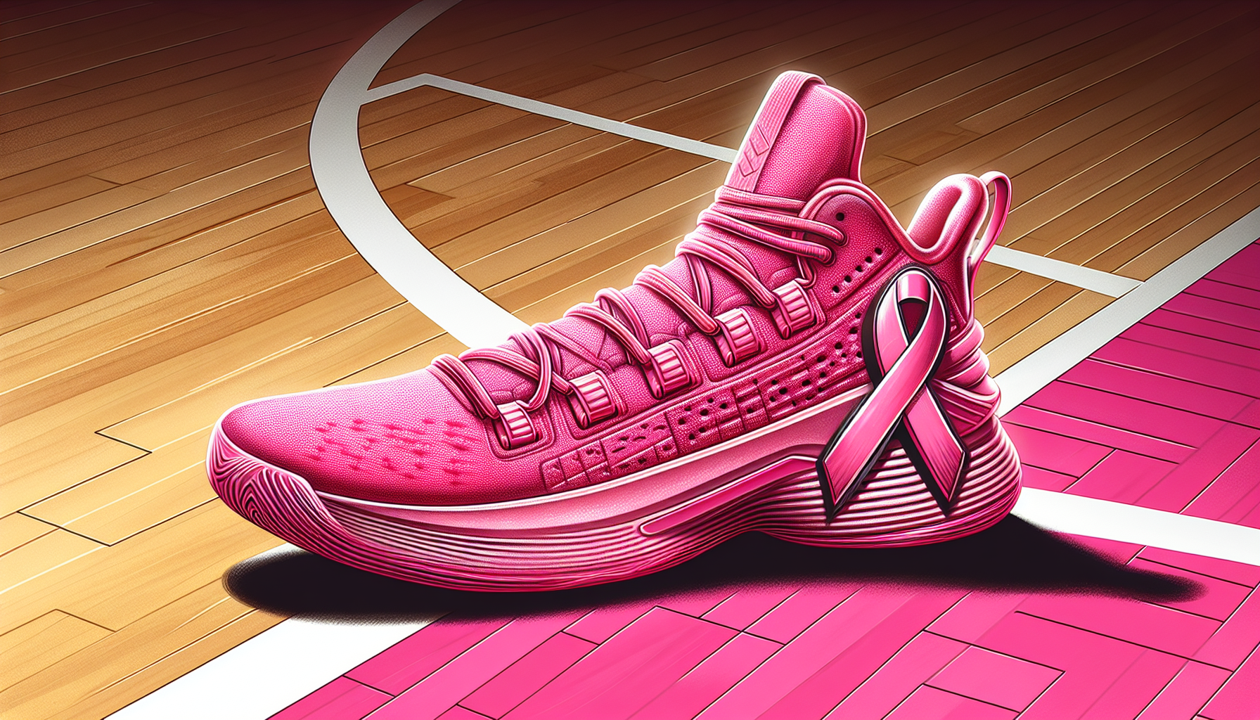 Illustration of a pink basketball shoe with breast cancer awareness ribbon