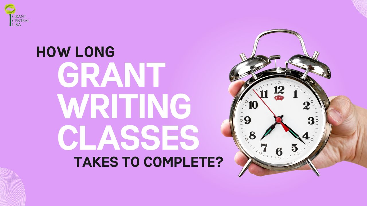 A pink background with an alarm clock being held by a hand. The text "How long grant writing classes takes to complete" is written in bold