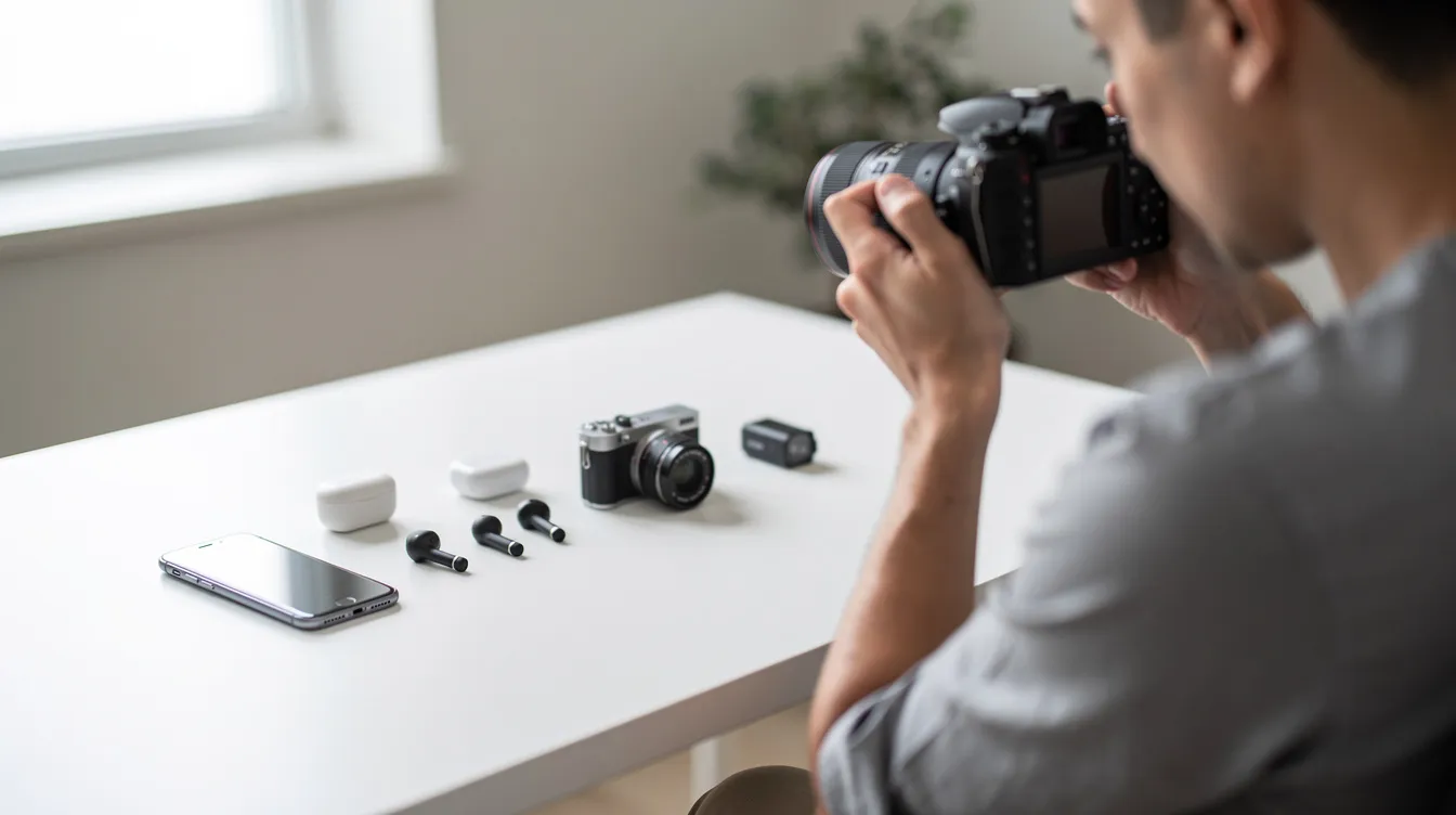 A person is photographing various electronics on a clean desk, illuminated by good lighting, aiming to create appealing listings for selling stuff online through platforms like Facebook Marketplace. This setup is ideal for casual sellers looking to attract local buyers while minimizing shipping costs and seller fees.