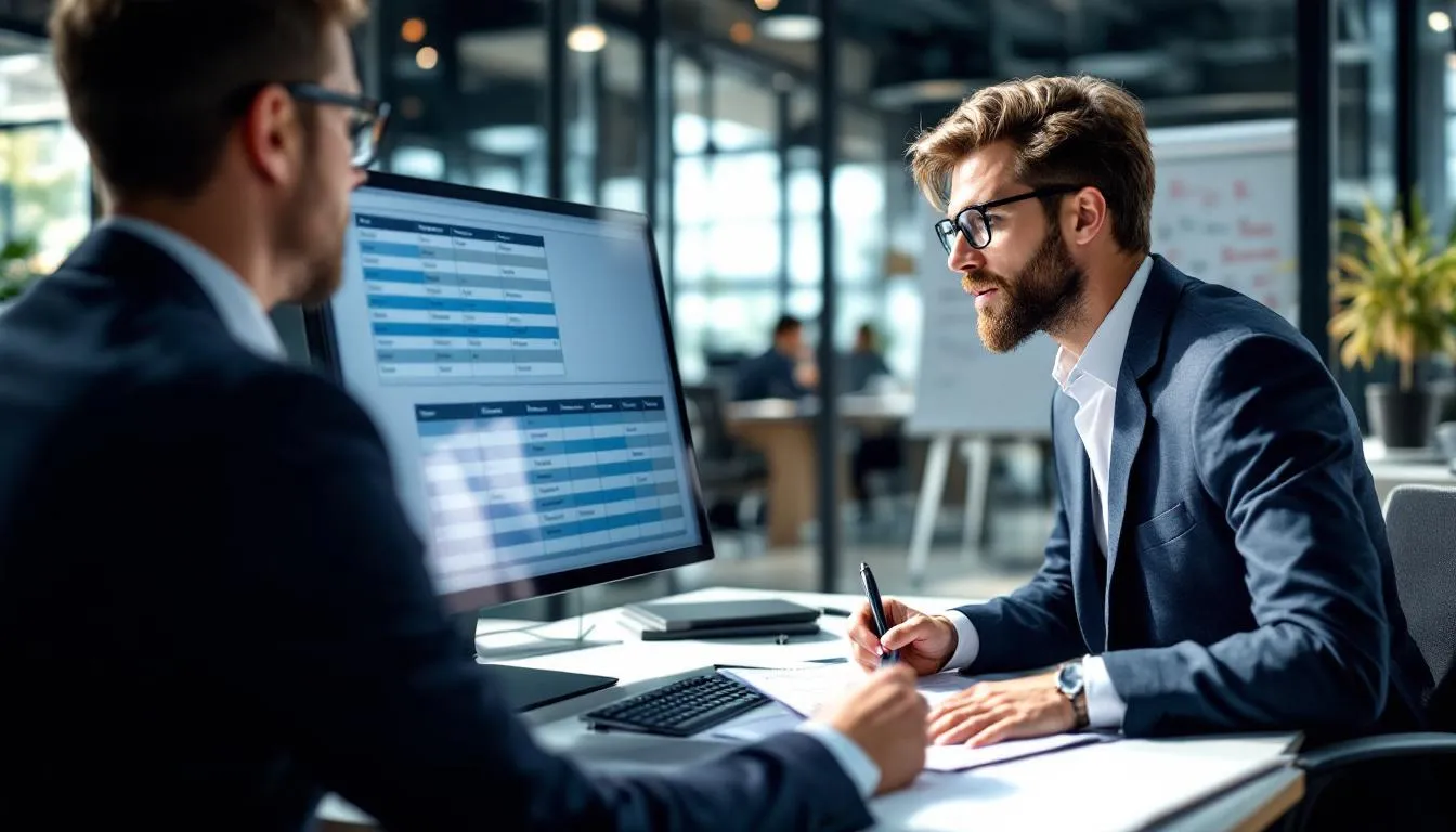 In der Abbildung überprüft ein Teamleiter die Mitarbeiterkompetenzen mithilfe einer Qualifikationsmatrix, die einen Überblick über die Fähigkeiten und Qualifikationen der Mitarbeiter im Unternehmen bietet. Die Matrix dient als Werkzeug zur Identifizierung von Kompetenzlücken und Schulungsbedarf innerhalb des Teams.