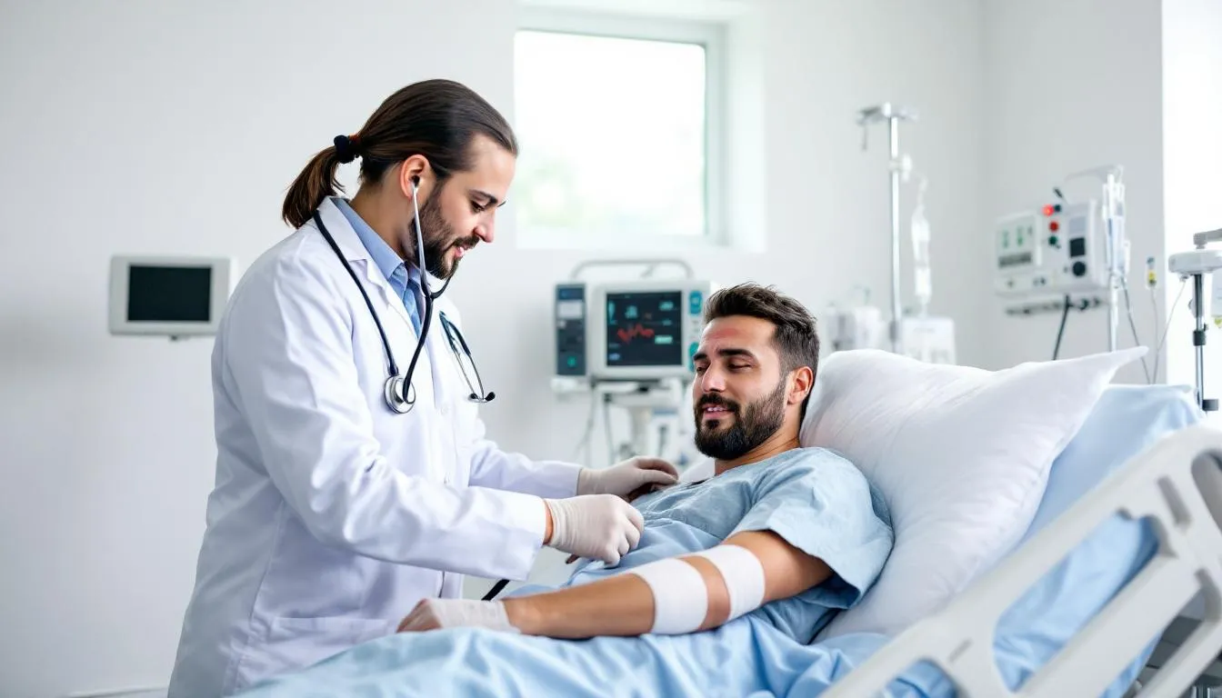 A medical professional is seen treating a patient who has sustained injuries from a car accident in a Panama City hospital. The scene highlights the importance of medical treatment for car accident victims, emphasizing the need for legal assistance to recover compensation for medical expenses and lost wages.